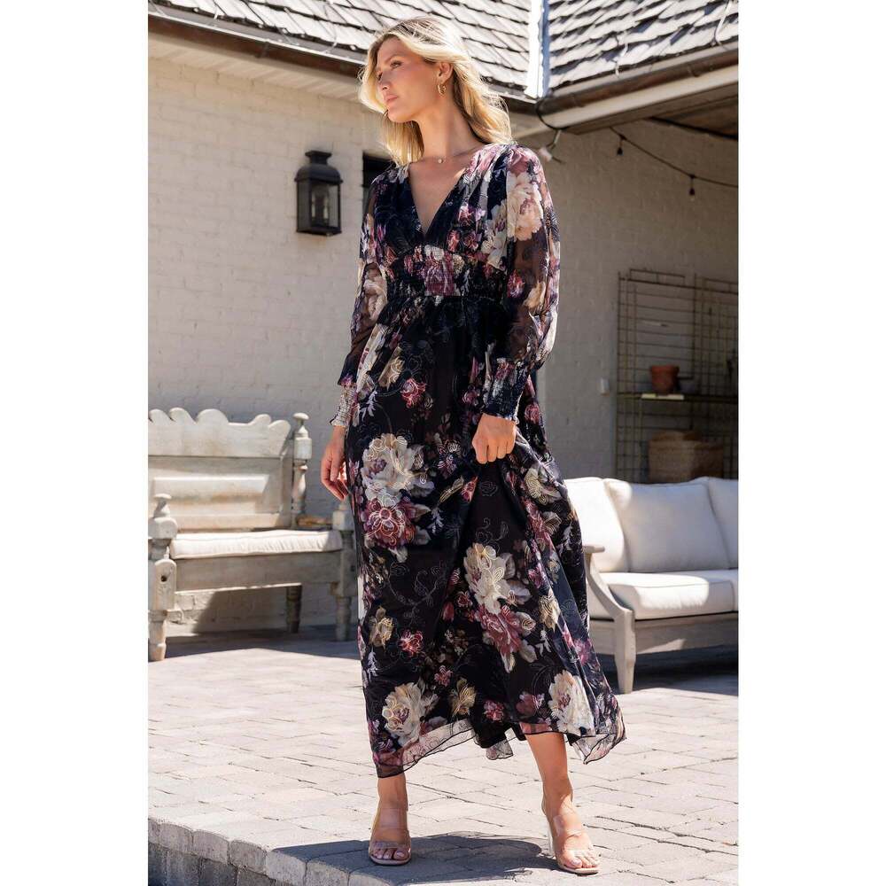 Baltic Born Jolie Embroidered Tulle Dress | Midnight + Mauve Floral Size LL